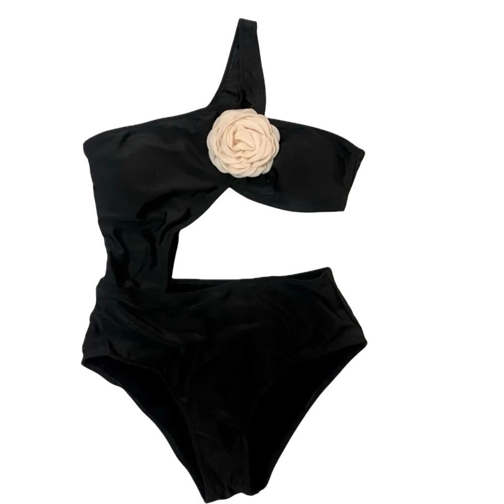 One Piece Cut Out One Shoulder Swimsuit Womens Medium Black Rose Detail NWOT